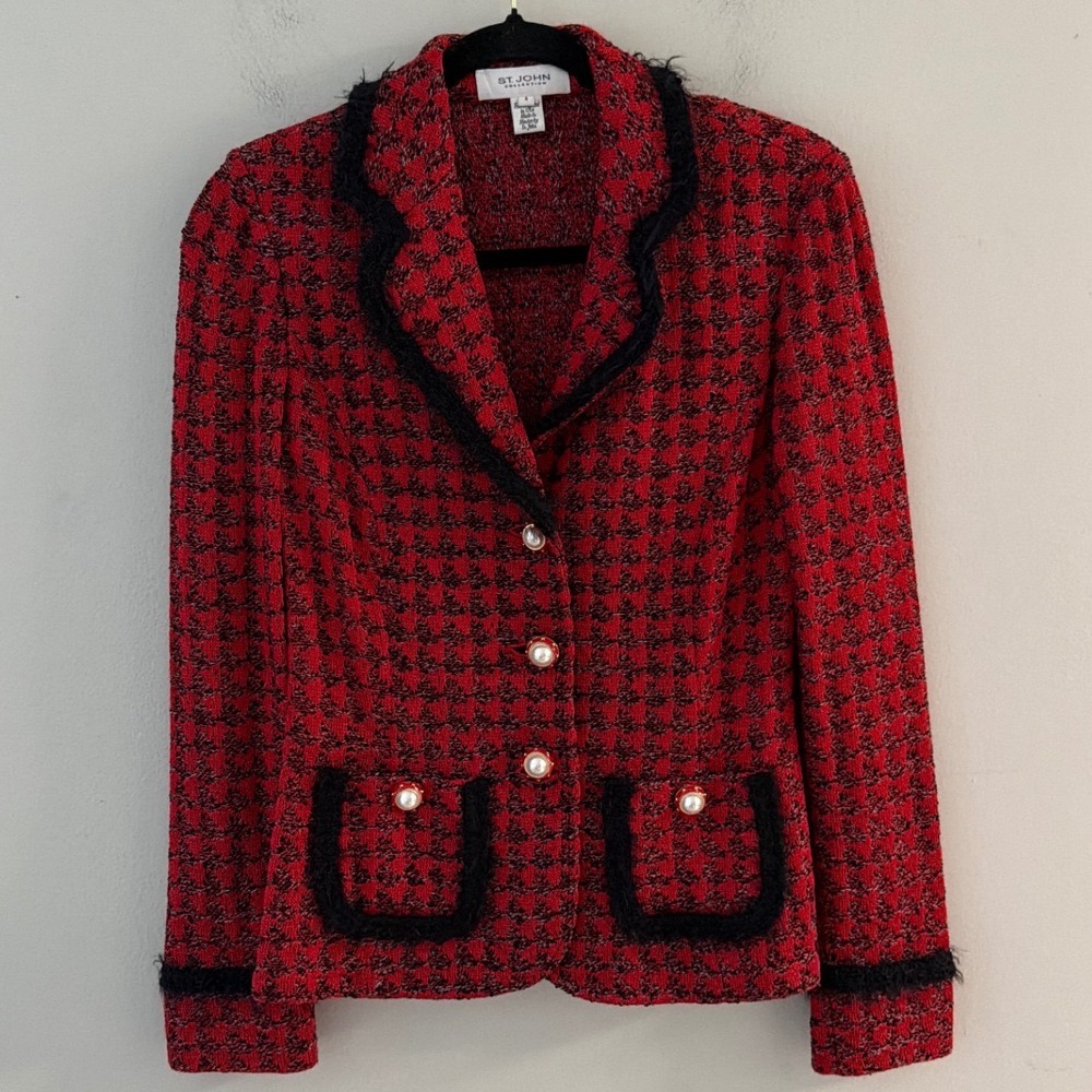 St. John Collection Red Black Houndstooth Woolโ Blend Knit Blazer Jacket Size 4